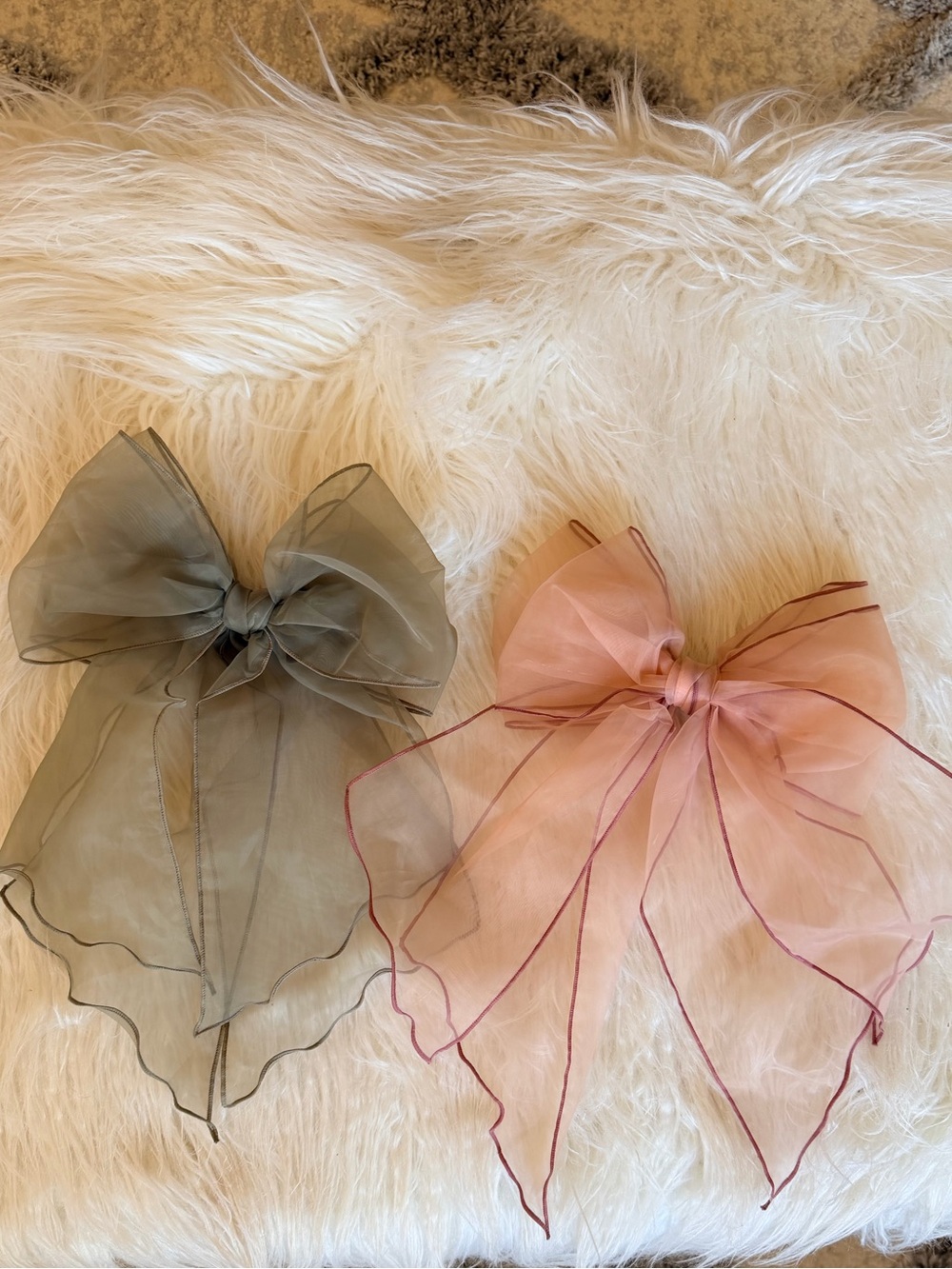 2x Sheer Organza Hair Bow Clip - Pink and Green